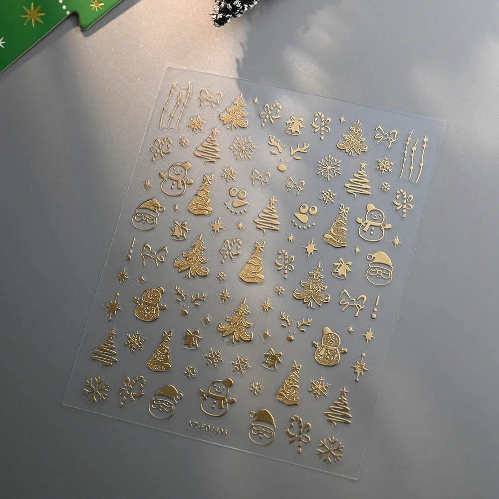 12 個シャンパンゴールドクリスマスネイルステッカー 3D スパークリングスノーフレーククリスマスツリーサンタネイルスライダー新年ネイルデコレーション