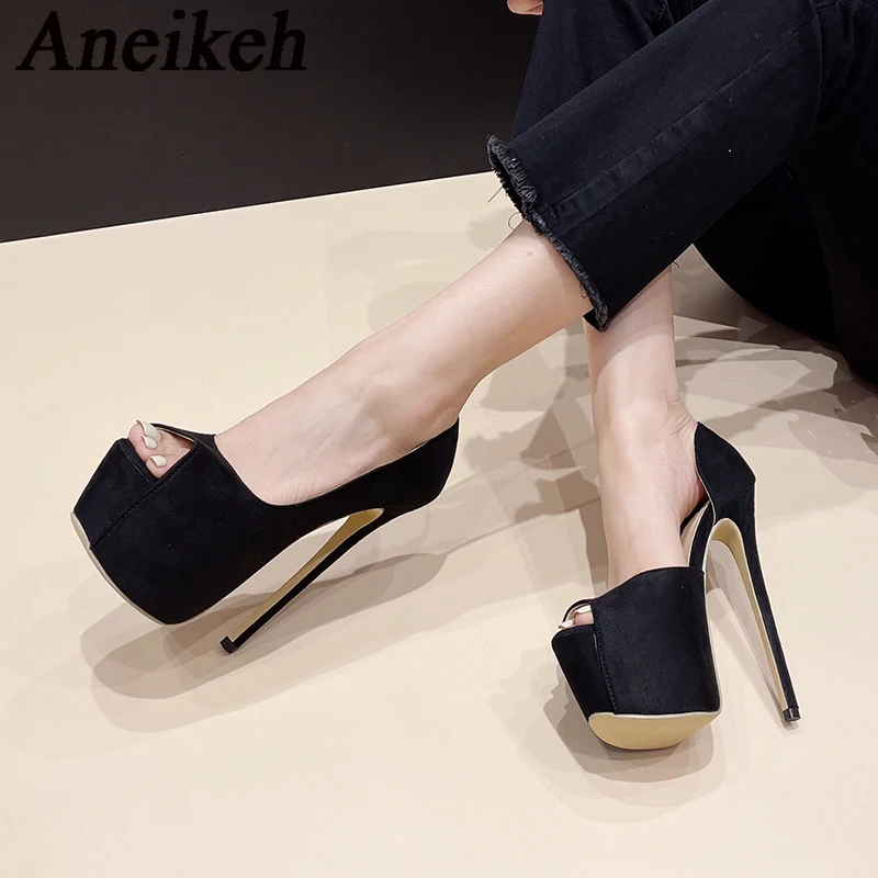 Aneikeh2024 Elegant Sexy Platform Super High HeelsWomen Flock Round Head Peep Toe Thin Heels Single Shoes Party Steel Pipe Dance