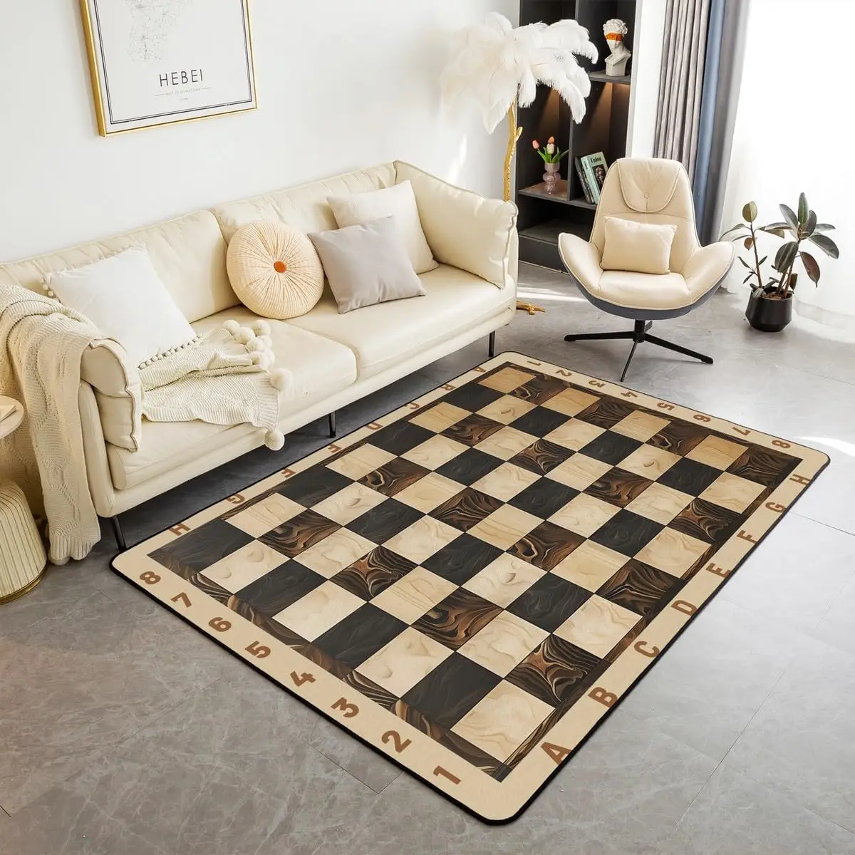 International Chess Area Rug,Vintage Sport Game Brown Chess Checkerboard Indoor Floor Mat for Kids Adults,Geometric Wooden Print