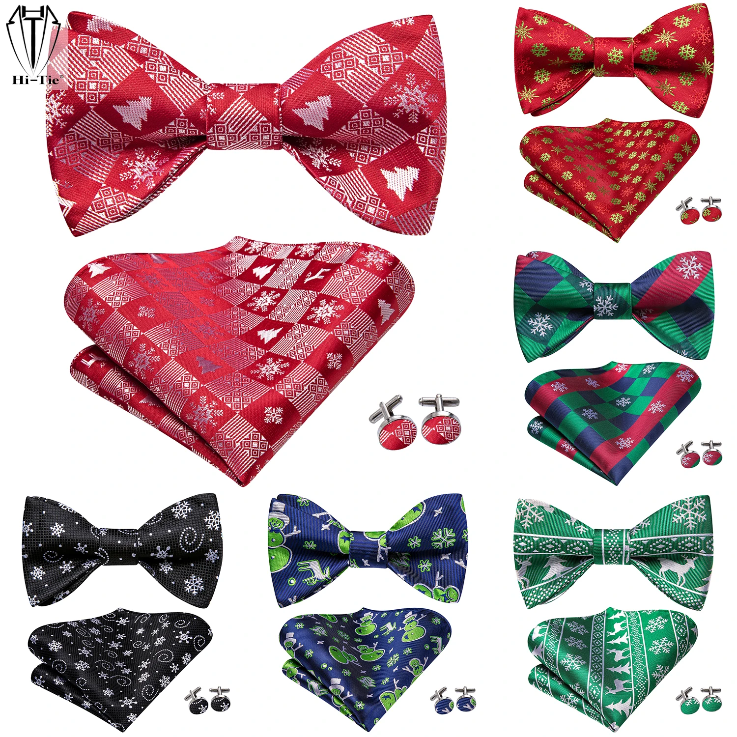 Christmas Mens Bowtie Xmas Yule Adjustable Self Bow Tie Pocket Square Cufflinks for Festive Season Red Green Blue Knot Butterfly