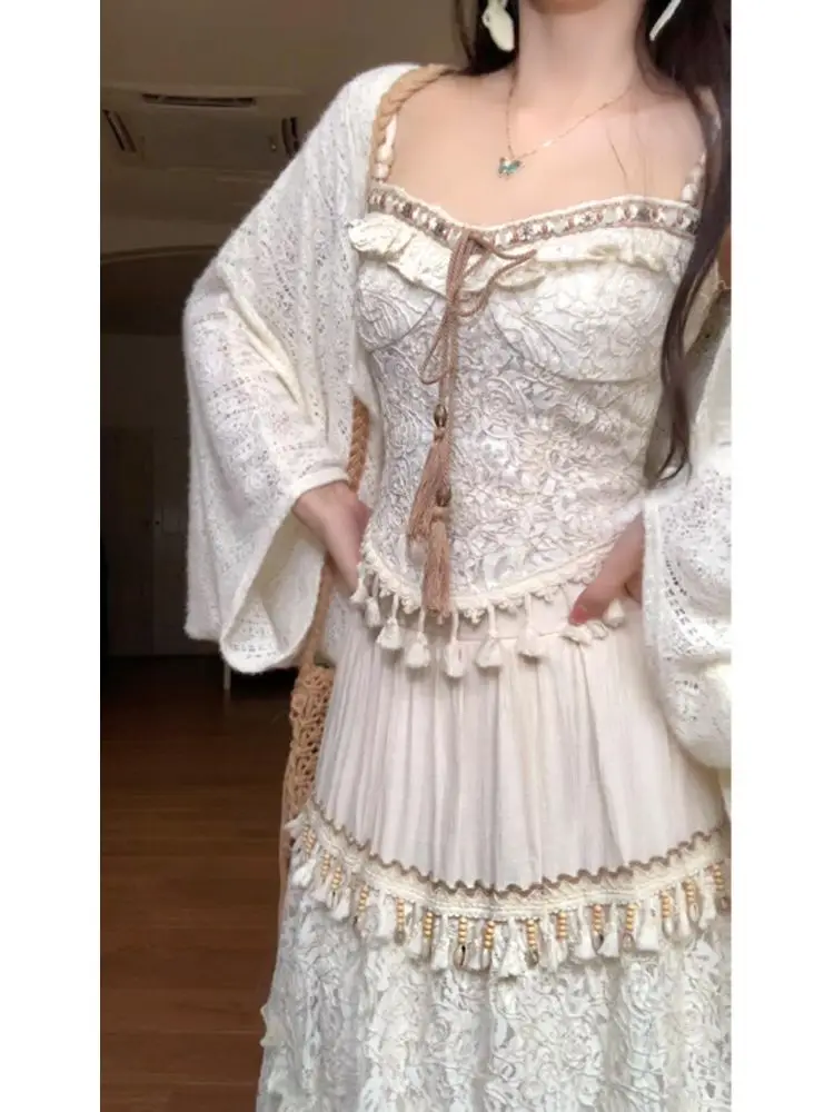 NONSAR Bohemian Holiday Style Three-piece Skirt Sets Spring Autumn New Vintage Gentle Sling Slim Top Sweet Lace Trassel Skirt