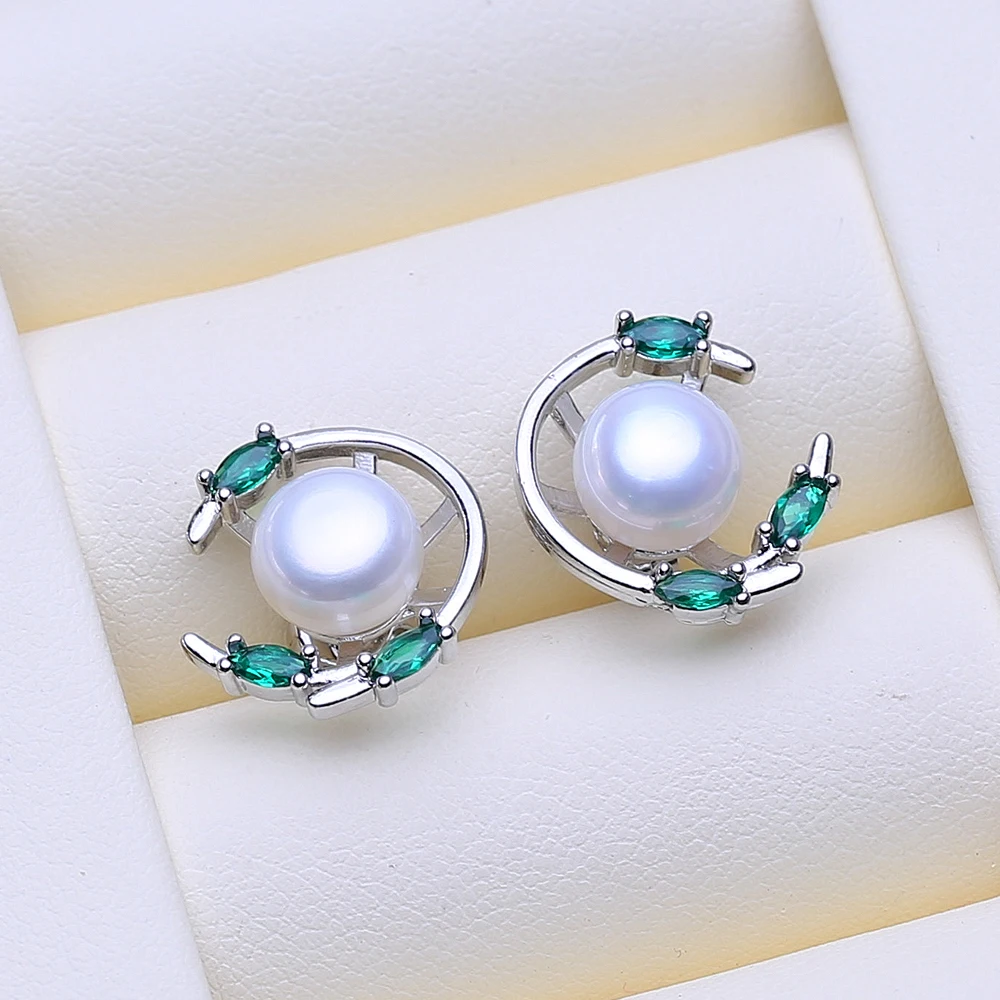 FENASY 925 Sterling Silver Freshwater Pearl Emerald Jewelry Sets Leaf Earrings Necklace Pendant Engagement Ring Sets For Women