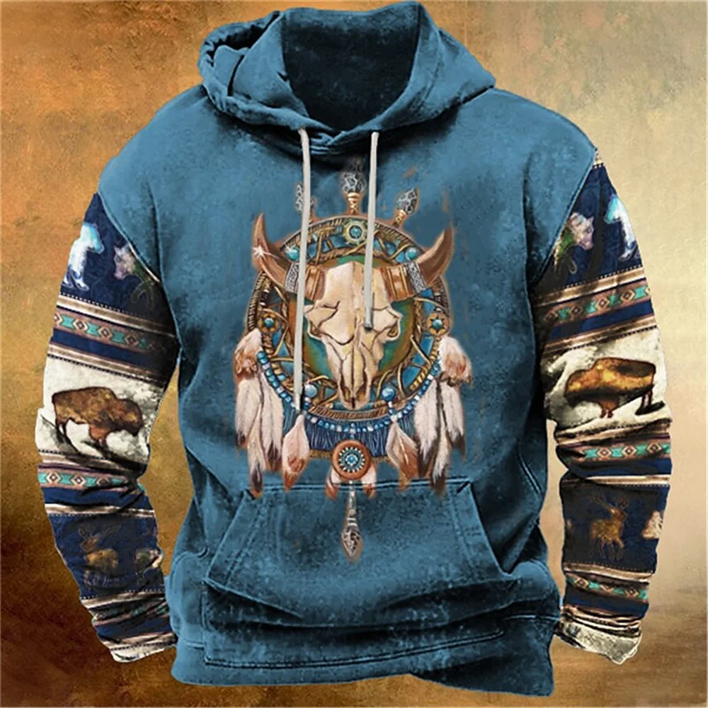 

Men's Hoodie Western Cowboy Hooded Sweatshirt North America Demon Wendigo Printed Oversized Harajuku Clothes Vintage Streetwear