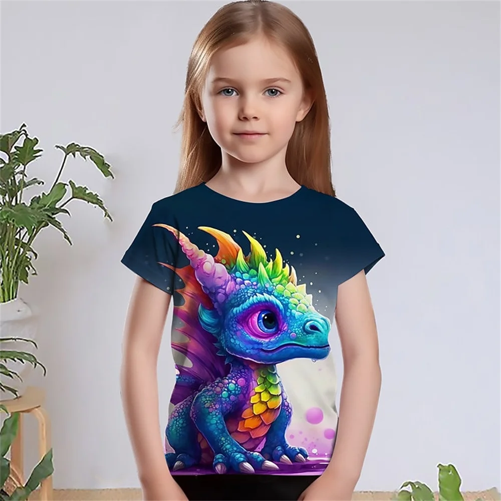 Lindo Animal dragón dibujos animados 3d impreso diversión ropa para niños bebé niña camiseta verano pantalón corto Casual manga Cool camiseta para niñas