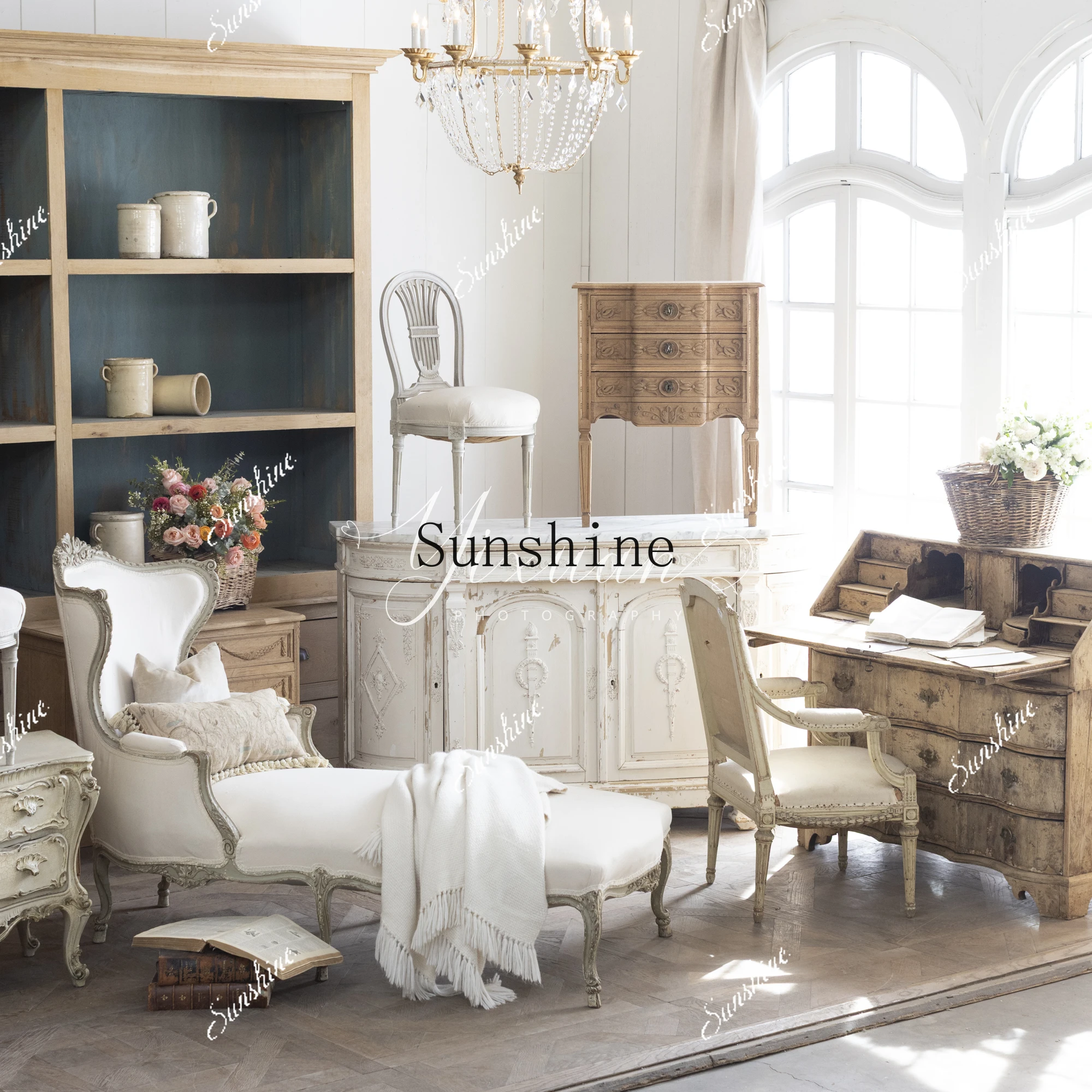 

French retro solid wood old carved dining side cabinet marble countertop living room decorative cabinet FT