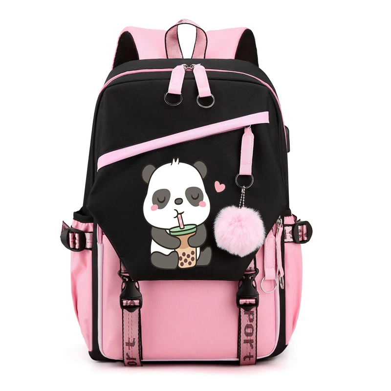 Panda เครื่องดื่ม Boba ชาอะนิเมะกระเป๋าเป้สะพายหลังโรงเรียนกระเป๋าสาว Back Pack สําหรับวัยรุ่นกระเป๋านักเรียนหญิงหลักผู้หญิงกระเป๋าเป้สะพายหลังวัยรุ่น Bookbag