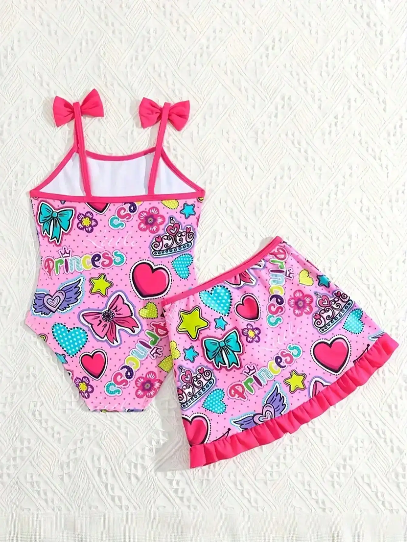 Children's Clothing Set with Bow Strap, Round Neck Pattern Print, Waist Cinching Top + Elastic Waist Pattern Print, Half Skirt S