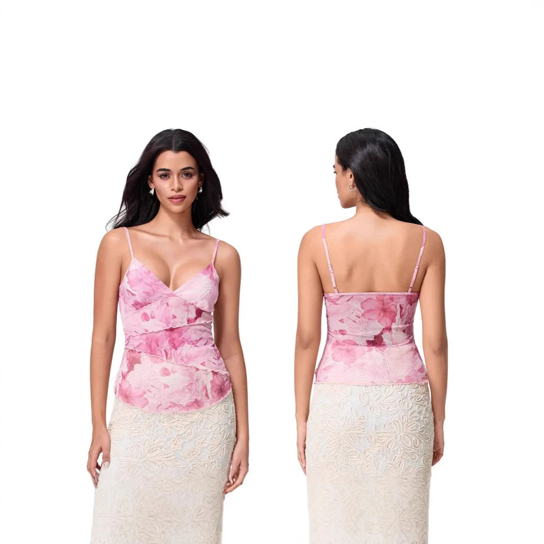 25 European American Retro Floral Print Contrast Mesh Sexy Slim Fit Halter Evening Dresses