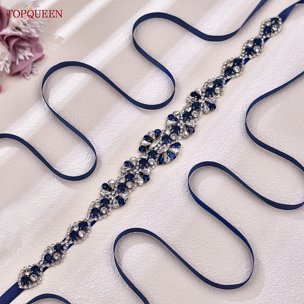 

TOPQUEEN Gorgeous Slim Wedding Belt Navy Blue Stone Flower Bridal Sash Stage Runway Dress Decoration Tie Bow S165-ML