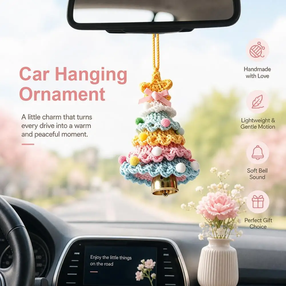 Crochet Christmas Tree Car Rearview Mirror Hanging Ornament Knitted Mini Xmas Tree Pendant With Bell Festive Interior Decor Gift