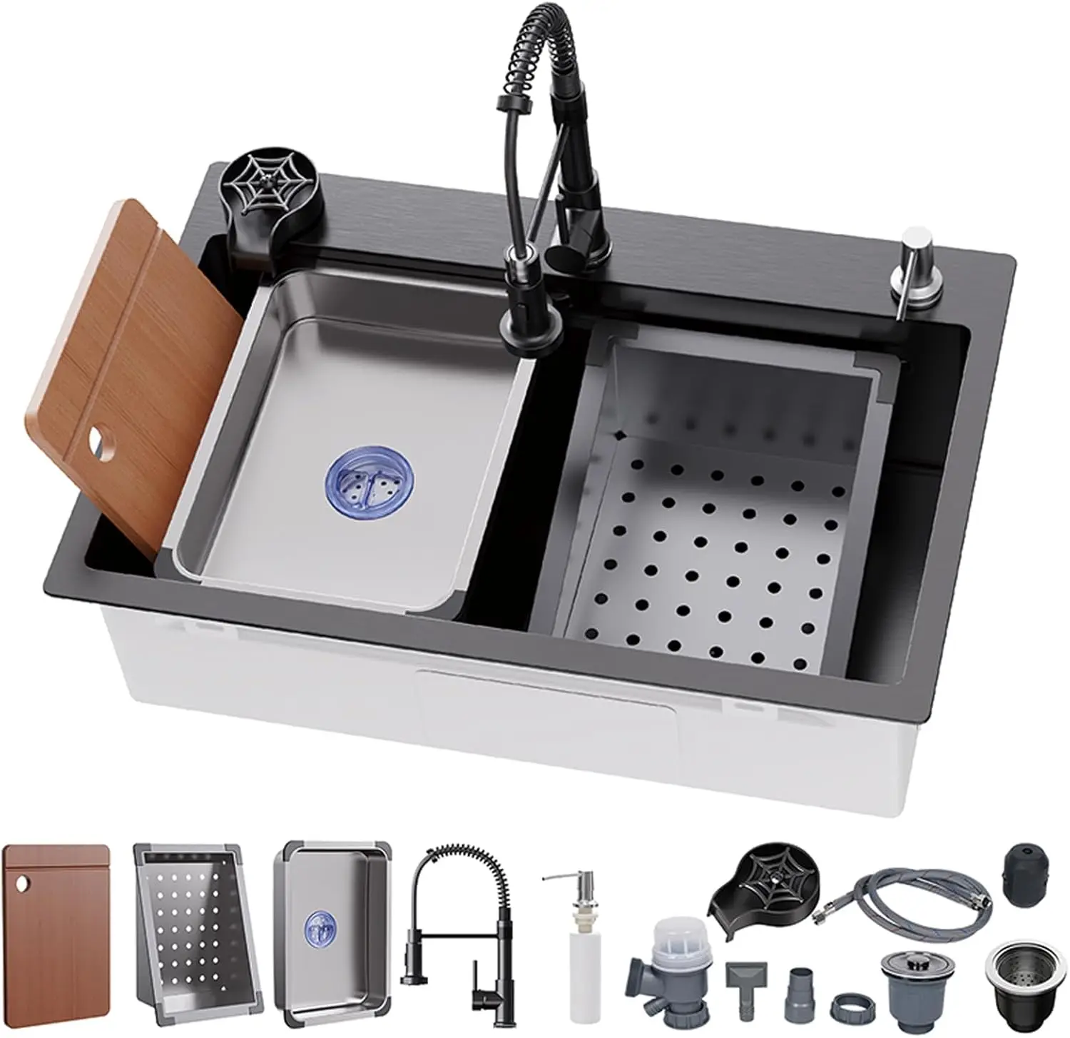 

Кухонная мойка из нержавеющей стали с одной чашей, 31,5 x 17,7 дюйма, выдвижным смесителем и аксессуарами (черный, серый)