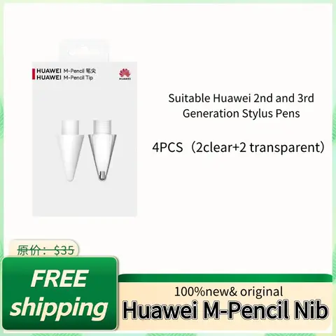Gen3/2용 오리지널 HUAWEI M-Pencil 3/2 펜촉(흰색 2개 + 투명 2개) 4개, 나일론 긁힘 방지 팁, 부드러운 드로잉 및 쉬운 설치