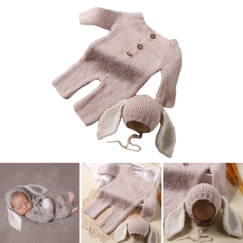 

Cosy Knit Romper Solid Jumpsuit and Large Ear Hat Babies Photoshoot Clothes