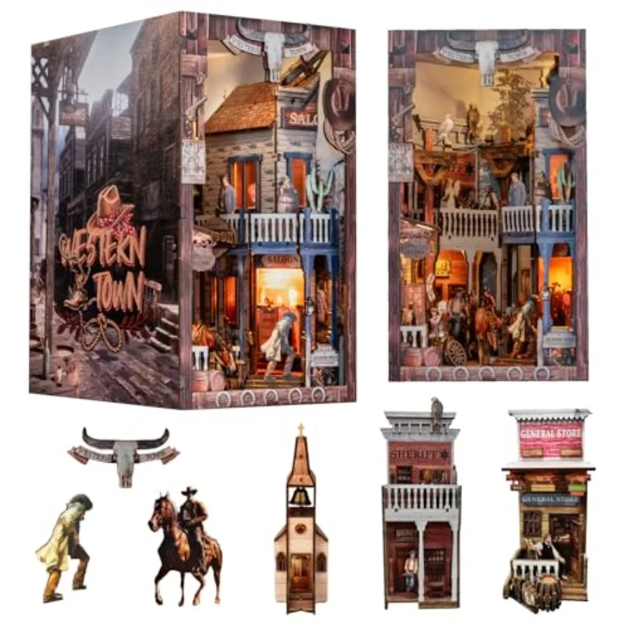 

DIY Miniature Western Town House 3D Wooden Puzzle with LED Lights Bookend Bookshelf Kit for Adults Wooden Book Nook Decor in Wa