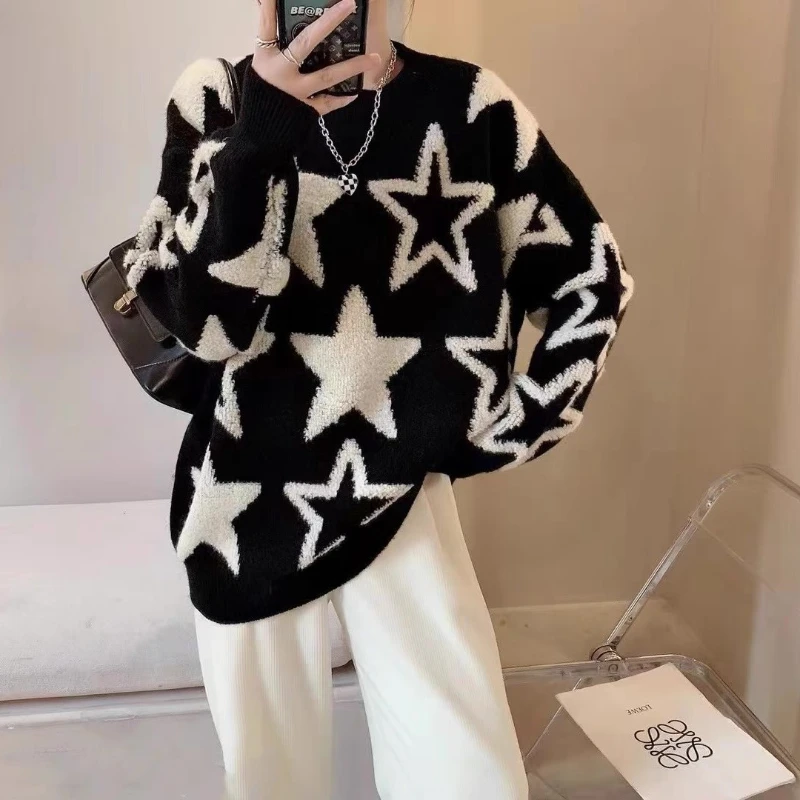 Japanese Retro Hong Kong Style Star Sweater for Women Loose Fit Forest Knit Jacket for Outerwear