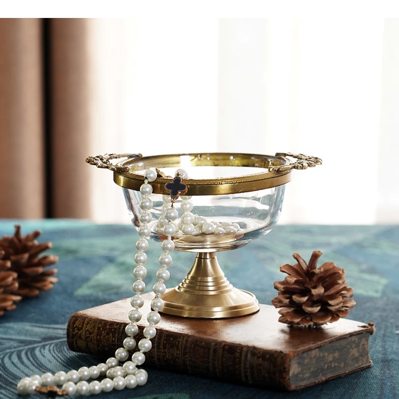 Brass Glass Fruit Plate European Retro High Foot Ice Cream Dessert Jewelry Home Kitchen Decoration Tableware