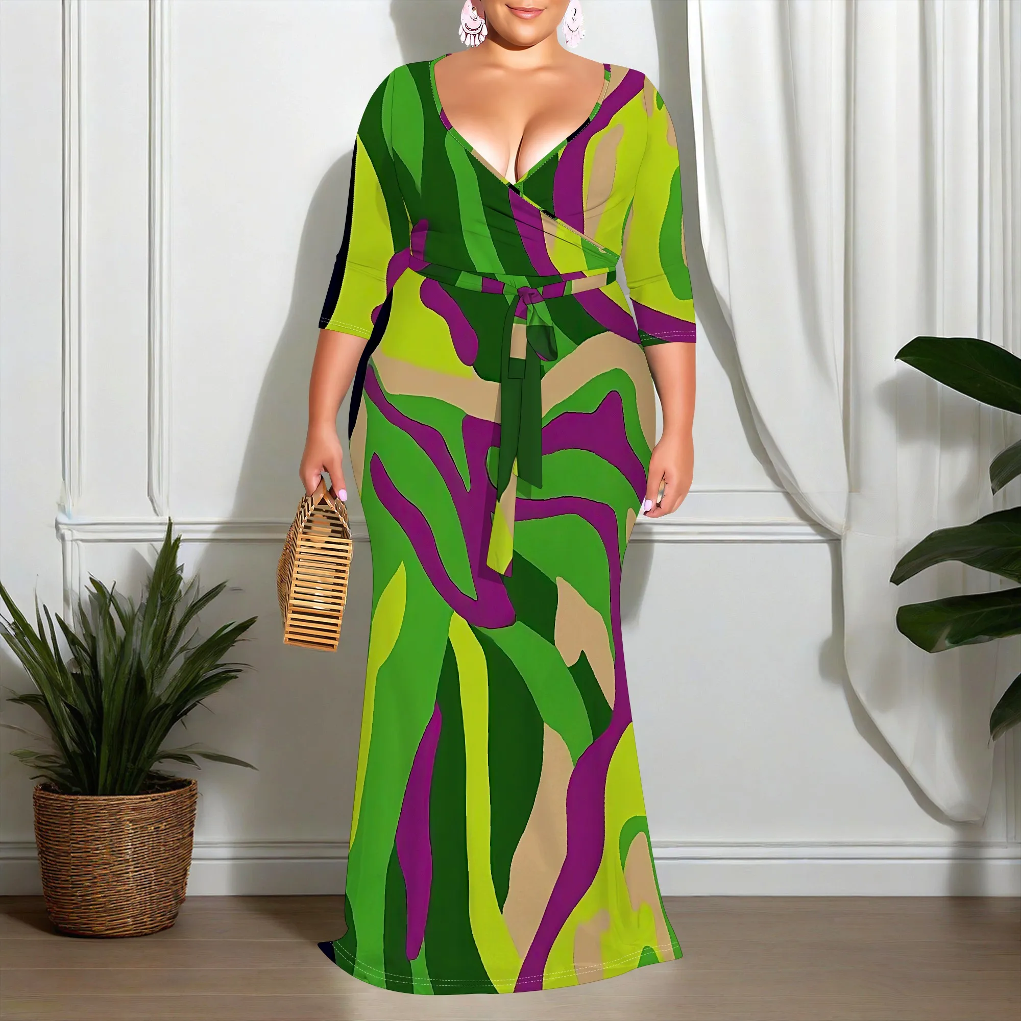 

2025 Women's Plus Size Maxi Dress XL-6XL Green Purple Abstract Wrap Style V Neck Long Dress with Belt for Vacation Party