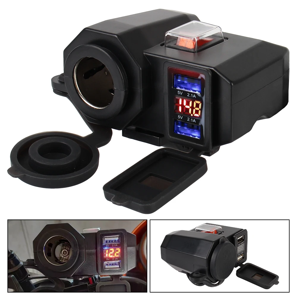 

Зарядное устройство для мотоцикла с независимым выключателем, адаптер питания 5В 2.1А, двойной USB-порт, разъем прикуривателя для телефона