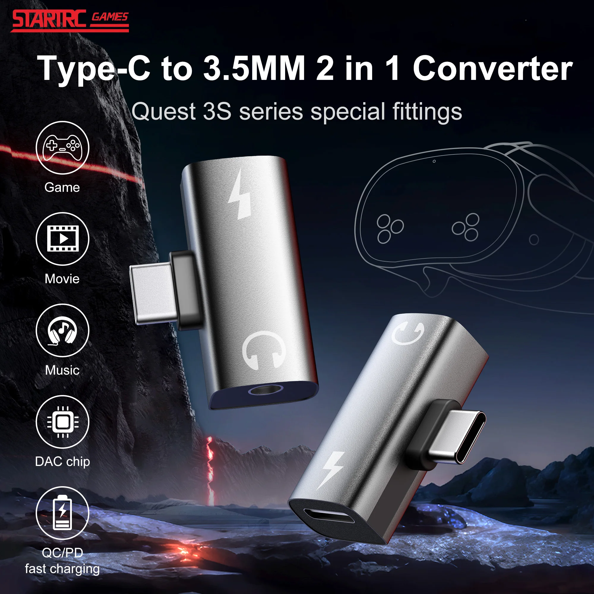 

Type-C to 3.5mm Audio Converter For Meta Quest 3S Headphone Jack Adapter 2 in 1 PD 30W Charging Port Accessories