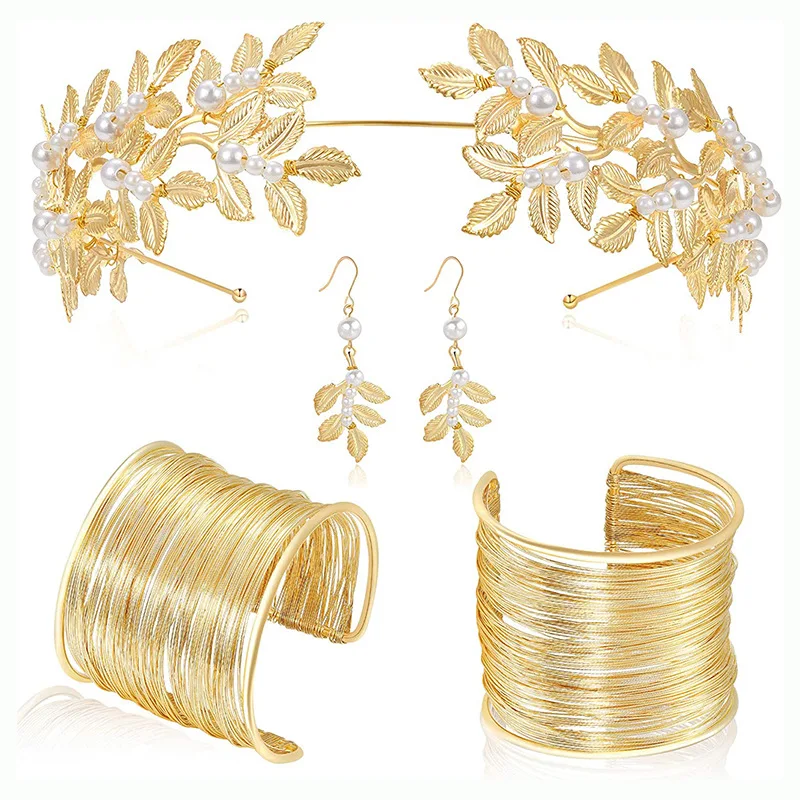 FTCY Vintage Griechisches Schmuckset für Frauen, goldfarben, Armbänder, Ohrringe, Kopfbedeckung, Set im Barockstil, verstellbar, Damenschmuck, Geschenke – Detail 5