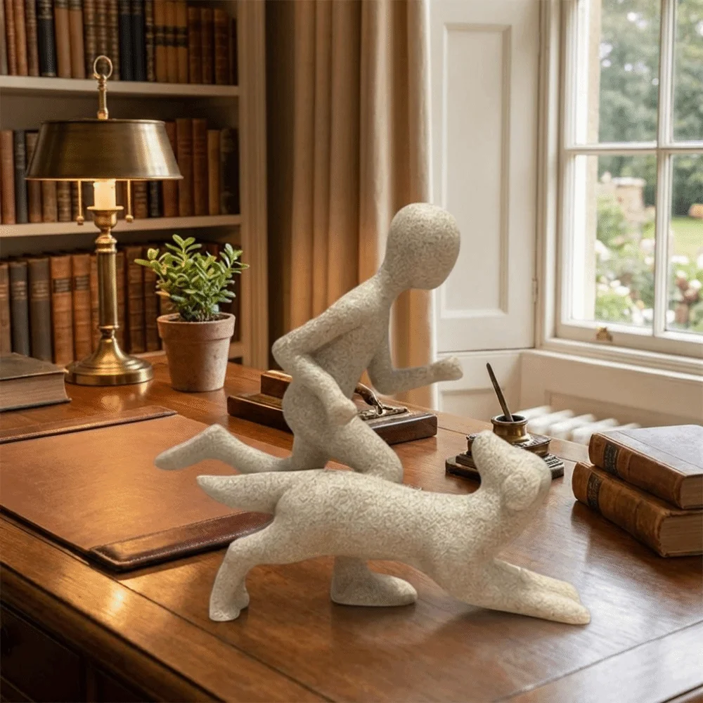 Art Crafts Minimalist Running Man and Dog Statue Cute Puppy Resin Dog Owner Statue Funny Abstract Sculpture Bookshelf Decor