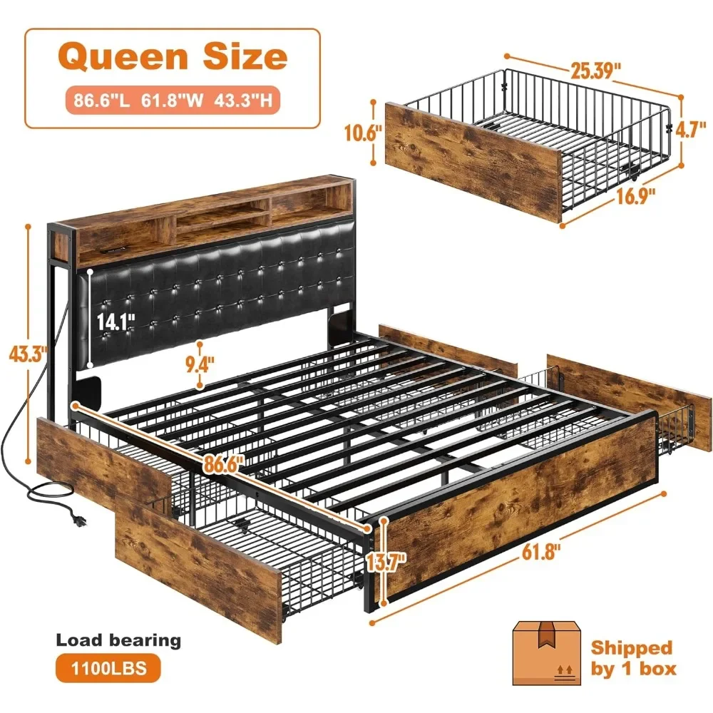 Queen Bed Frame with 4 Storage Drawers Queen Bed Frame with Headboard Upholstered Bed Frame Queen Size Built in Charging Station