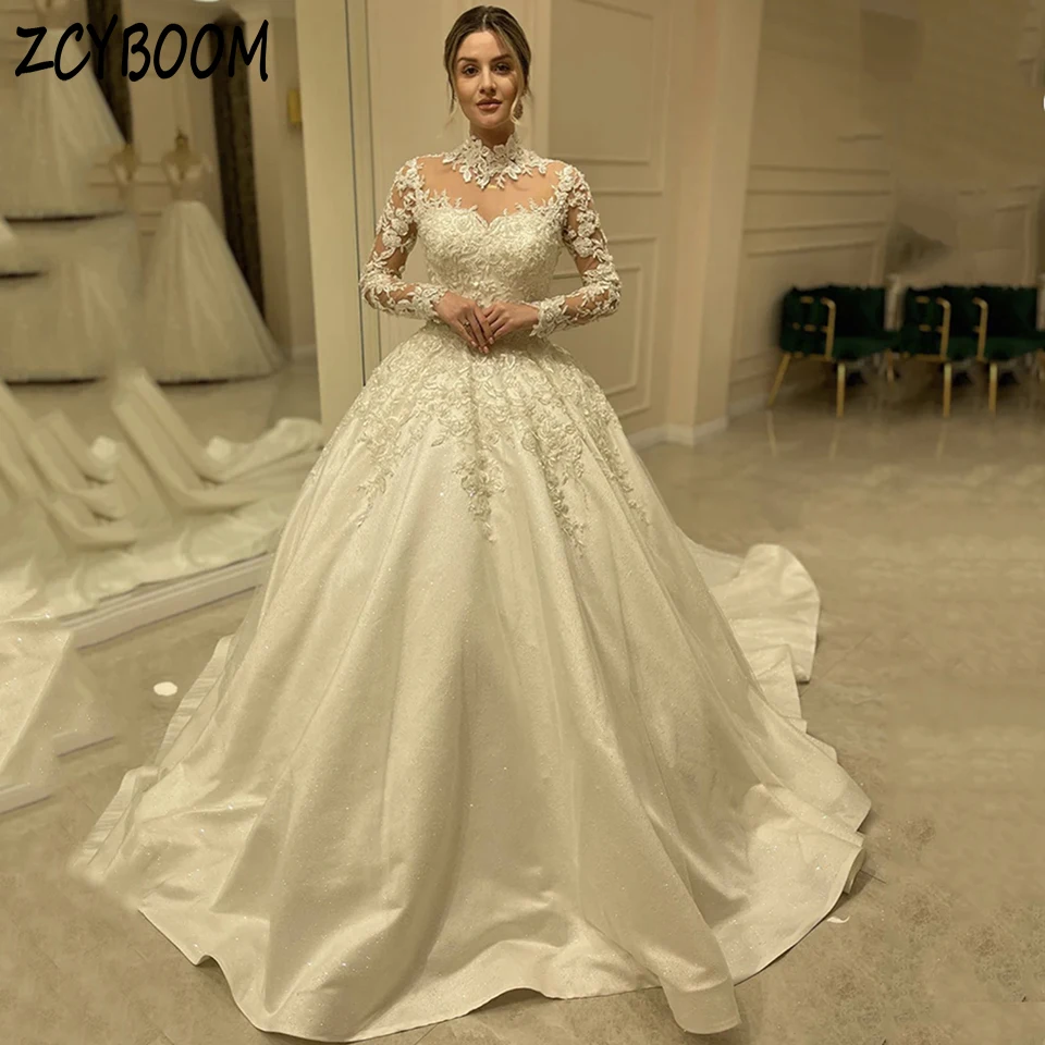 Personalizado elegante de alta pescoço apliques brilhante frisado vestido de casamento 2024 vestido de baile até o chão lantejoulas trem varredura vestido de noiva