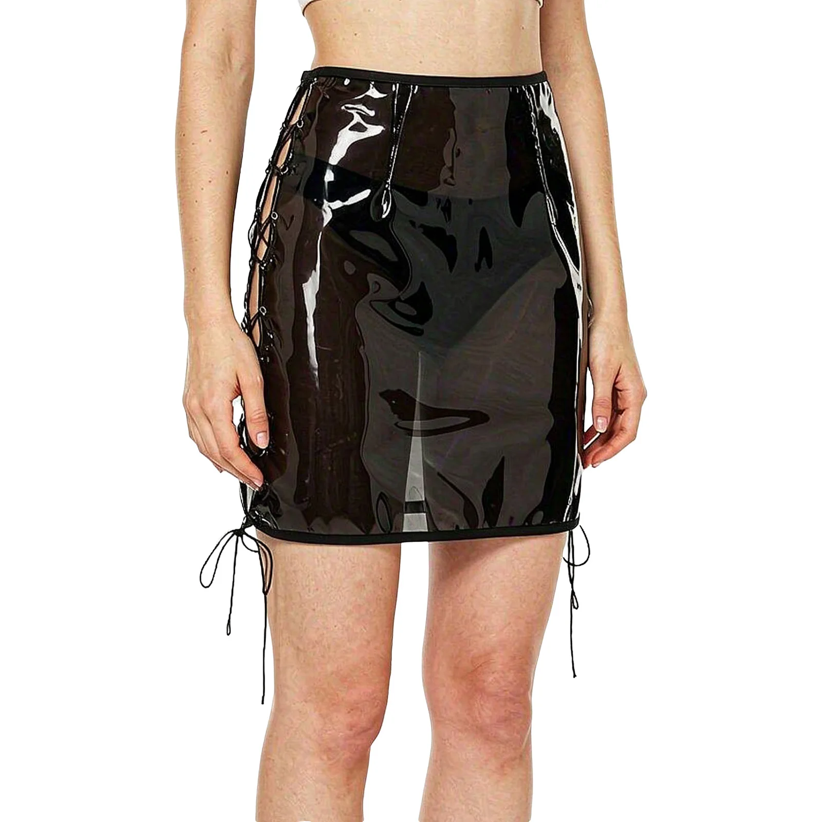 Women See-through Transparent PVC Lace-up Miniskirt Bikini Cover Up Bodycon Skirt for Beach Clubwear Party Rave Music Festival