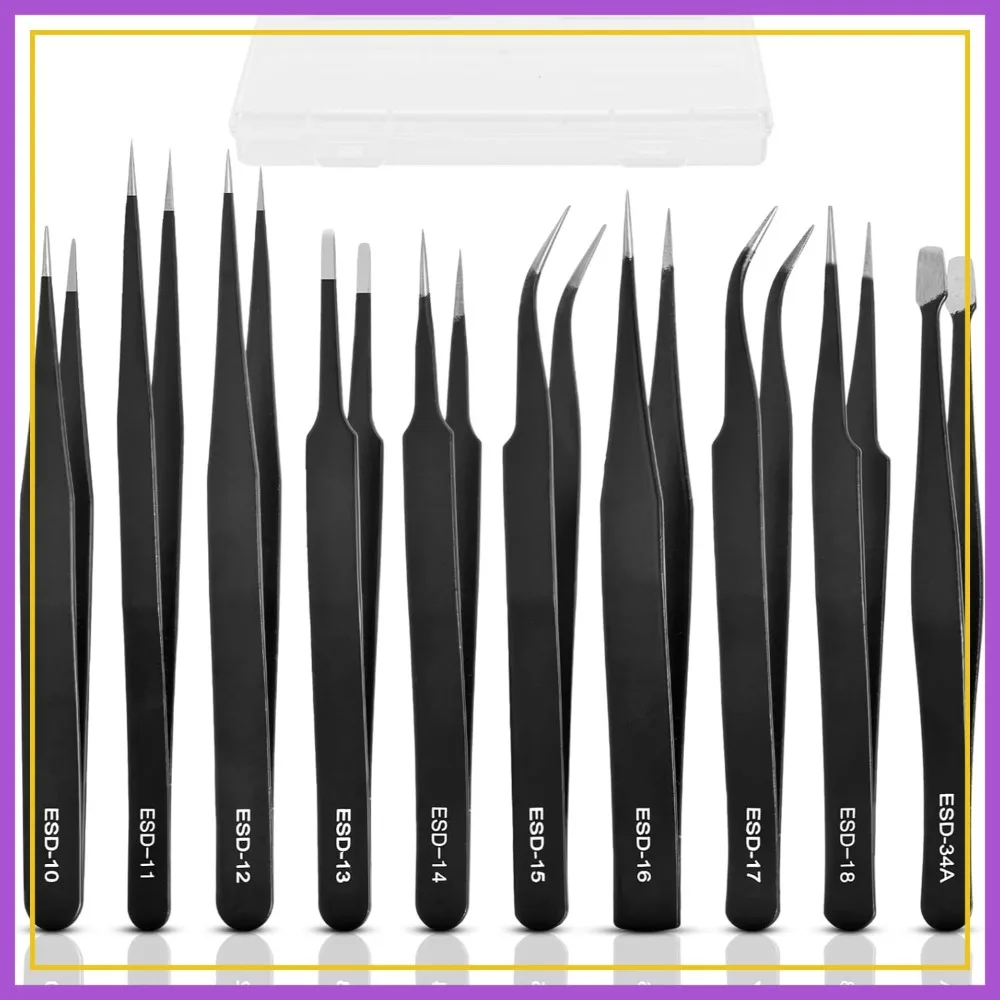 

10Pcs Precision Tweezers Set, Anti-Static Stainless Steel with Storage Box, for Electronics, Jewelry, Lab, Soldering, DIY