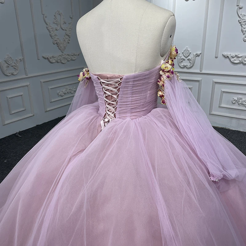 Internat ionale Frauen Quince anera Ball Kleid rosa Prinzessin Blume von der Schulter volle Ärmel Spitze Abschluss feier Kleid dy1239