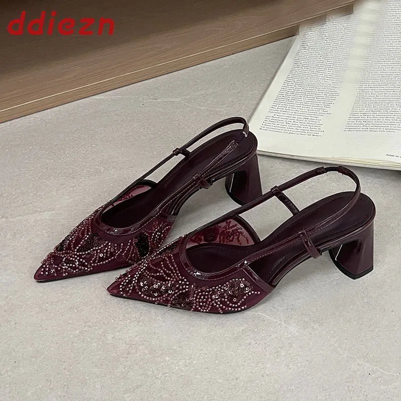 

Fashion String Bead Dress Ladies High Heels Shoes Mules Slip On Slingbacks Pointed Toe Square Heels Pumps Shoes For Women New