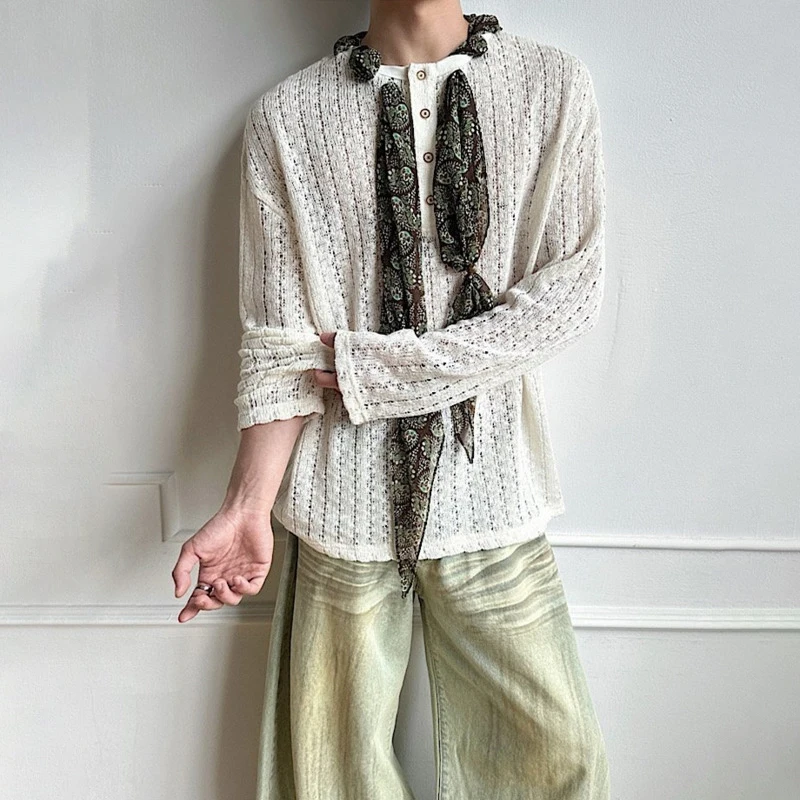 LUZHEN 2026 New Ribbon Scarf Decorate Mesh Long Sleeve Knitted T-shirts Men's Fashion Handsome Casual Male Tops Pullover JY7643