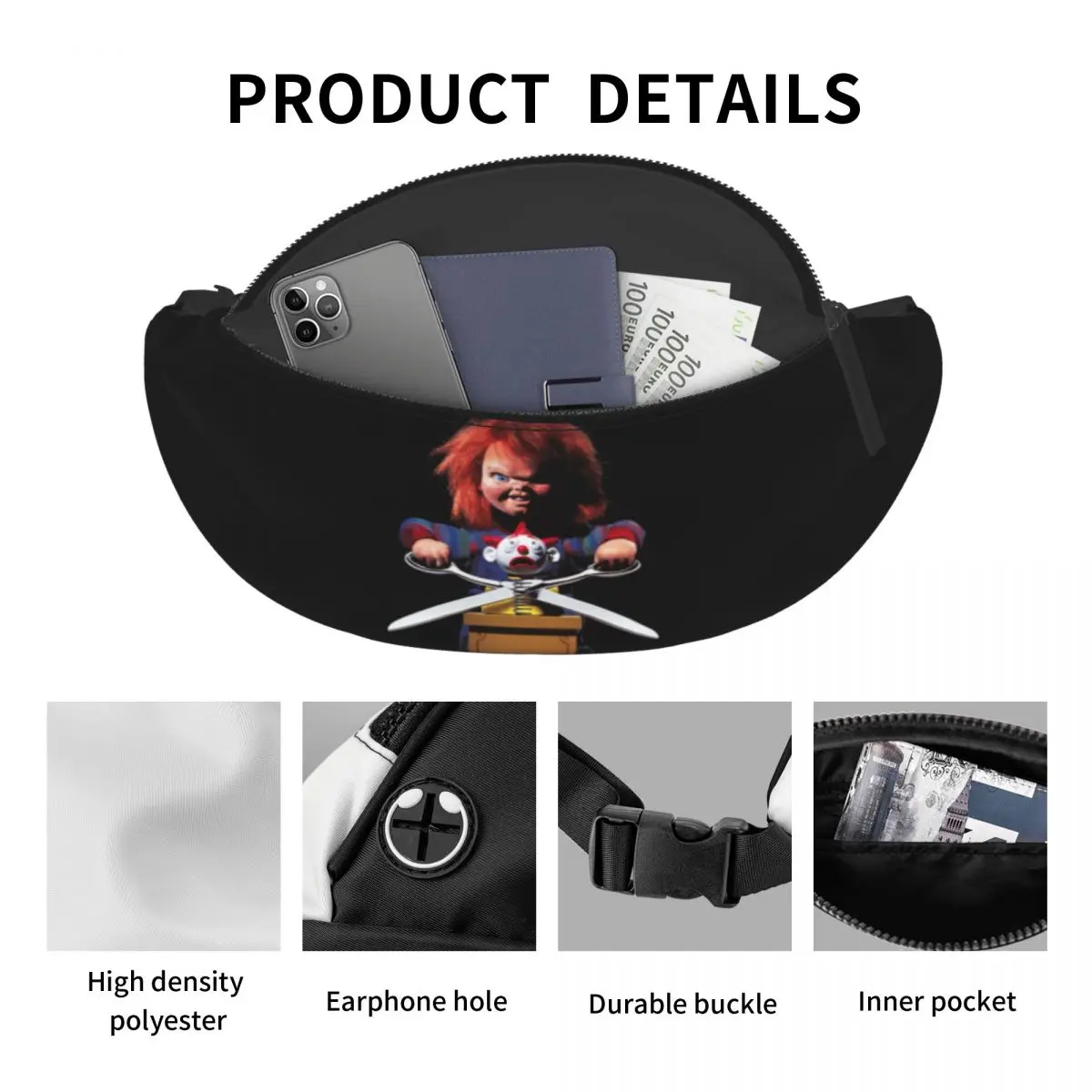 Horror Killer Chucky Fanny Pack pour hommes et femmes, sac à bandoulière, sac de taille cool, jeu d'enfant, film, cyclisme, camping, téléphone, poudres d'argent