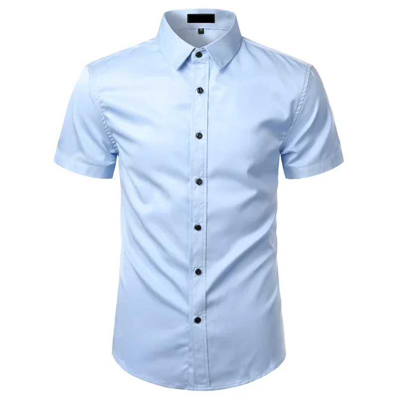 

White Mens Bamboo Fiber Dress Shirts Short Sleeve Casual Button Down Shirt Men Non Iron Easy Care Elastic Business Shirt Male