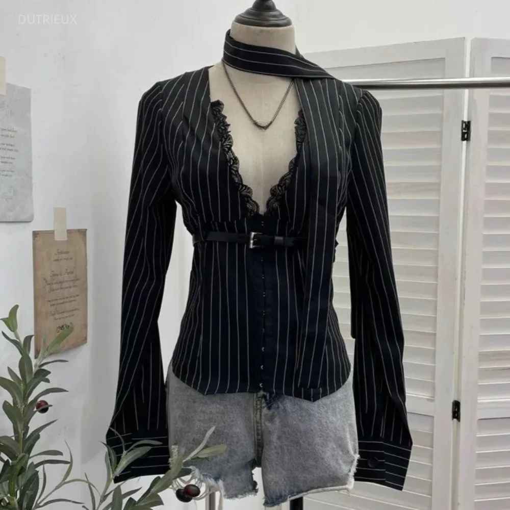 Lace Stripe Women's Blouses Irregular Shirts Spring Autumn Blusas v-neck Long Sleeve Tunic Tops Pure Desire Style Ropa Mujer