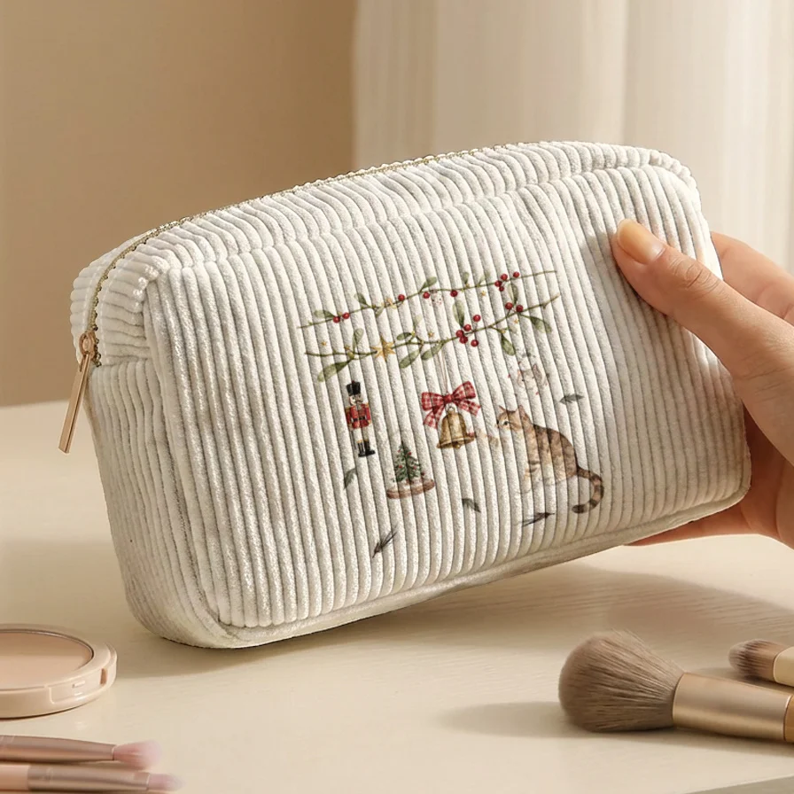 Christmas Cosmetic Bag Corduroy Nutcracker Kitten Bell Berry Branch Print Zipper Pouch Travel Makeup Storage Bag Christmas Gift