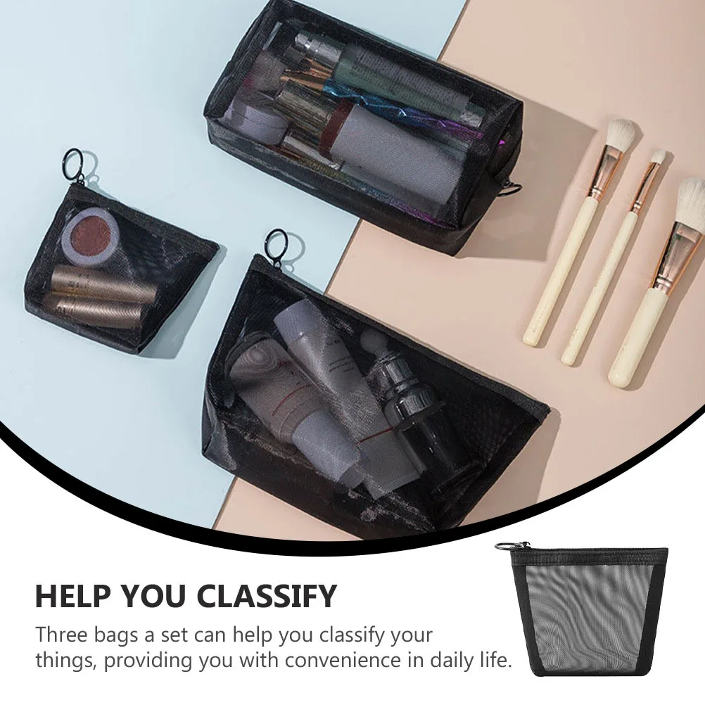 

3Pcs Mesh Black Bags Set Different Sizes Transparent Makeup Pouches Zipper Storage Organizer Travel Toiletry Bag