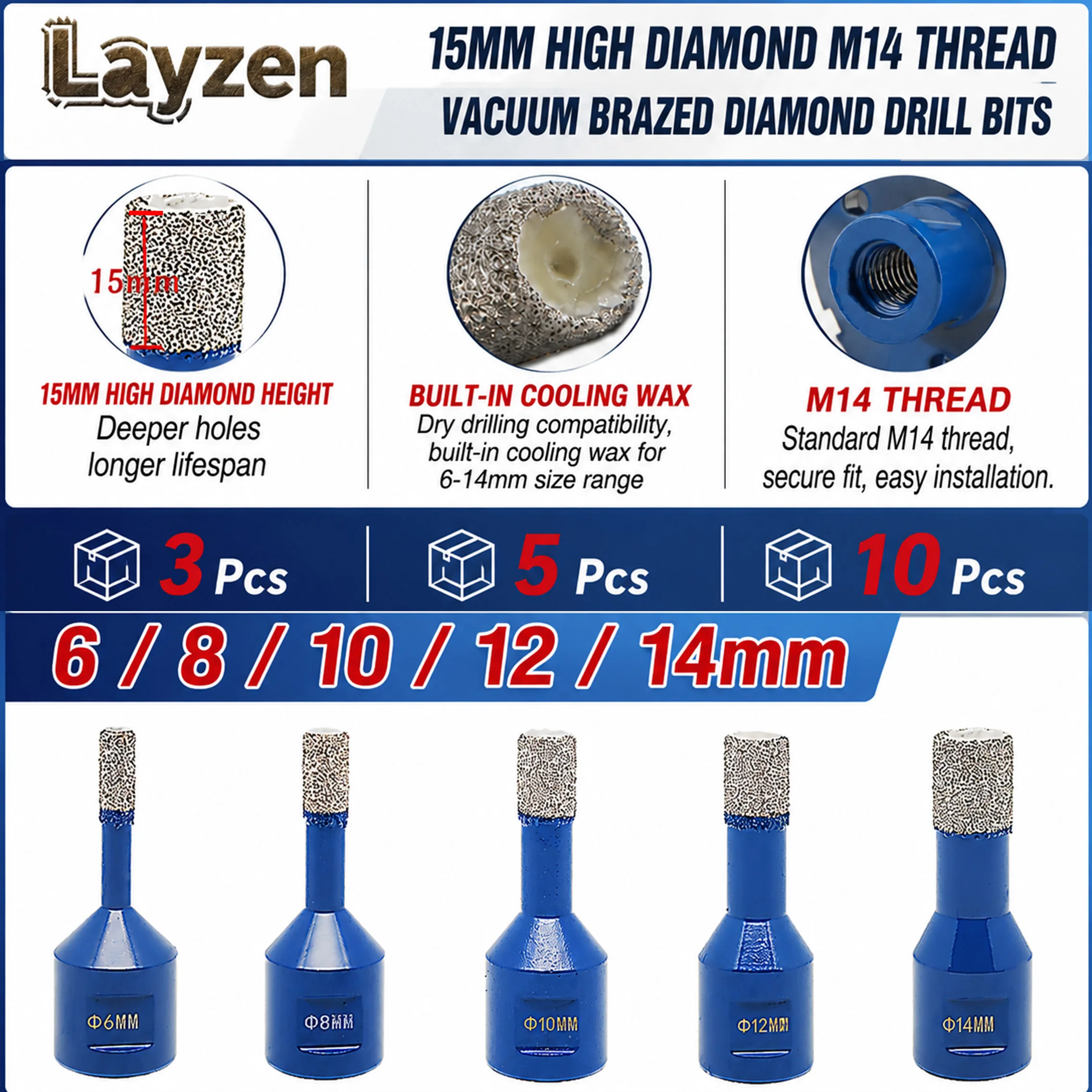 6-14mm M14 Vacuum Brazed Diamond Dry Hole Saw Set 15mm Segment Height 3/5/10Pcs For Natural Stone Ceramic Tile Granite Marble