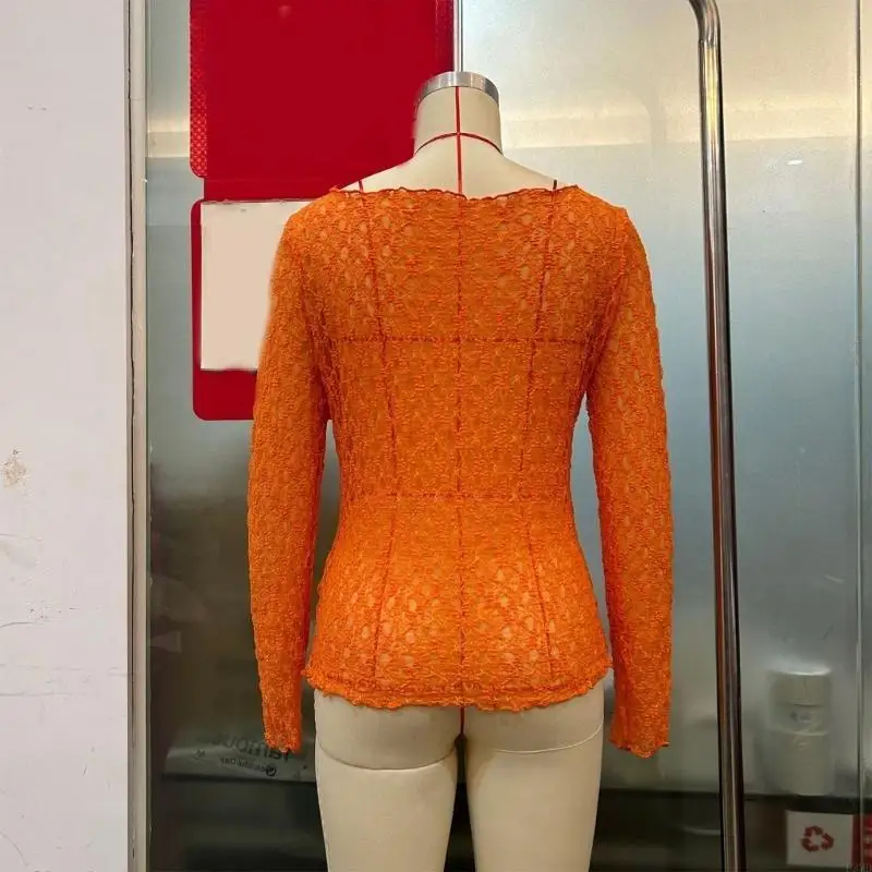 Mujeres cuello redondo manga larga pura shingcon top-top color sólido Ver a través camiseta blusa encaje flores