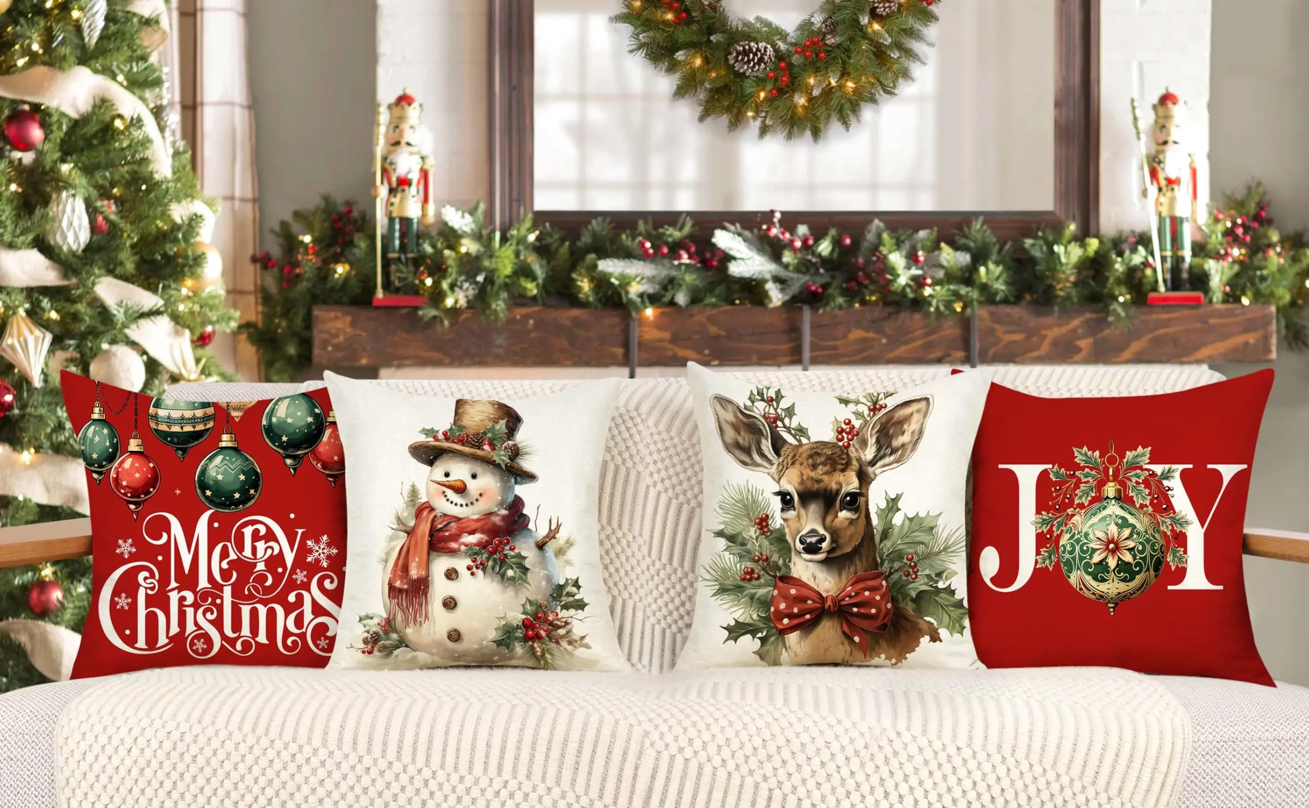 Christmas Pillow Covers Set of 4 Red White Farmhouse Xmas Snowman Deer Joy Winter Holiday Decor Throw Cushion Case for Couch