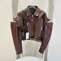 Women Coat Spring And Autumn 2023 Short Length Genuine Leather Jacket With Belt Vintage To Do Old Craft Sleeve Removable