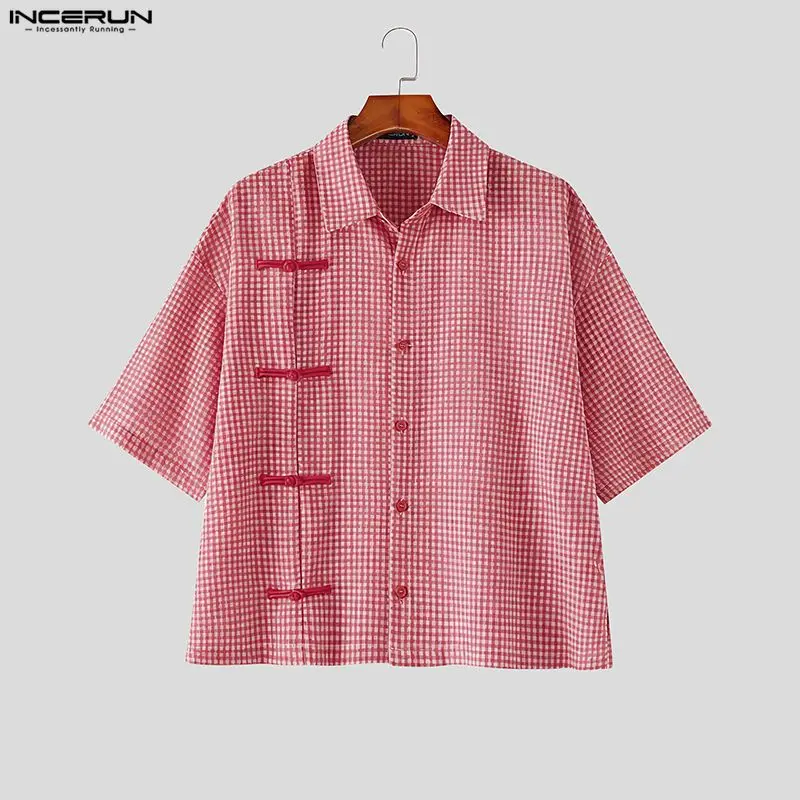 

INCERUN Men's Shirts Plaid Patchwork Lapel Short Sleeve Men Clothes Summer Loose Streetwear Stylish Casual Camisa Masculina Tops
