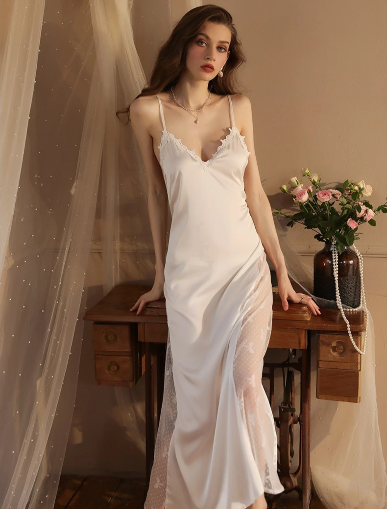 Sexy Summer Iced Silk Satin Side High See Through Lace Long Nightgown Pajamas With A Touch Of Luxury For Home Wear Temptation