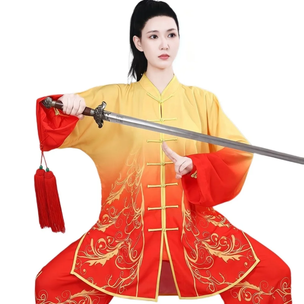 Unisex Gradient Elastic Pearl Cotton Tai Chi Clothing Gold Embroidery Wushu Training Kung Fu Uniform