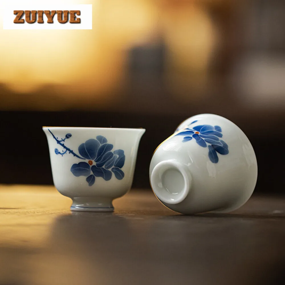 2pc/set Hand-painted Magnolia  Tea Cup Underglaze Colored Blue and White Porcelain Master Cup Japanese Mug Kung Fu Teaset 40ml