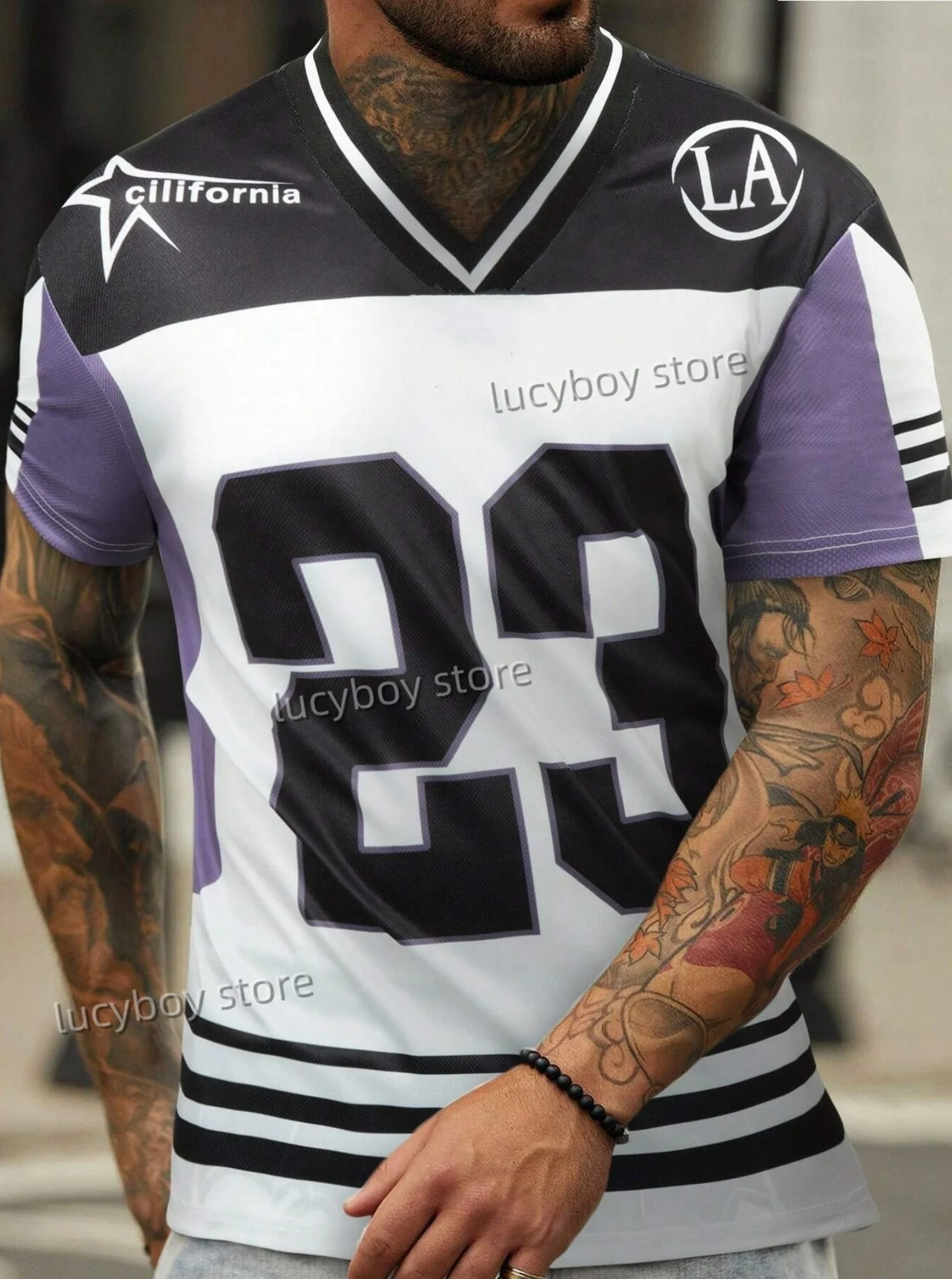 

LOS ANGELES NO.23 Printed Mens Short Sleeve T Shirt Man V Neck Sportwear Racing Football Tee Vintage Casual Tops Men Clothes