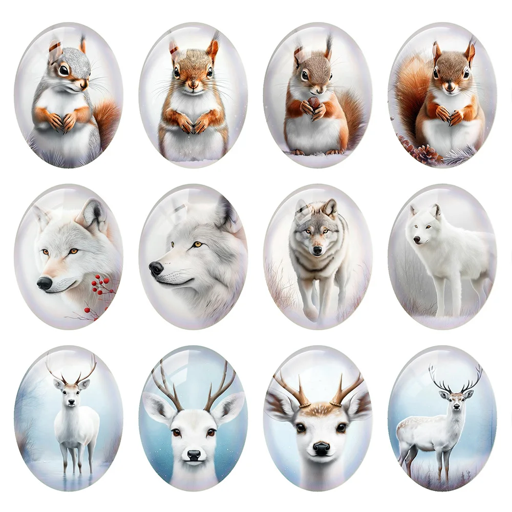 10pcs/lot Christmas X-mas Squirrel Wolf Deer Reindeer Winter Oval Photo Glass Cabochon Flatback Demo Cameo Diy Jewelry Making