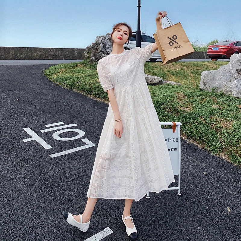 New Summer Solid Color Short Sleeve Dress Women French Loose Elegant A-line Dress Female Fashion Vintage Puff Sleeves Dresses