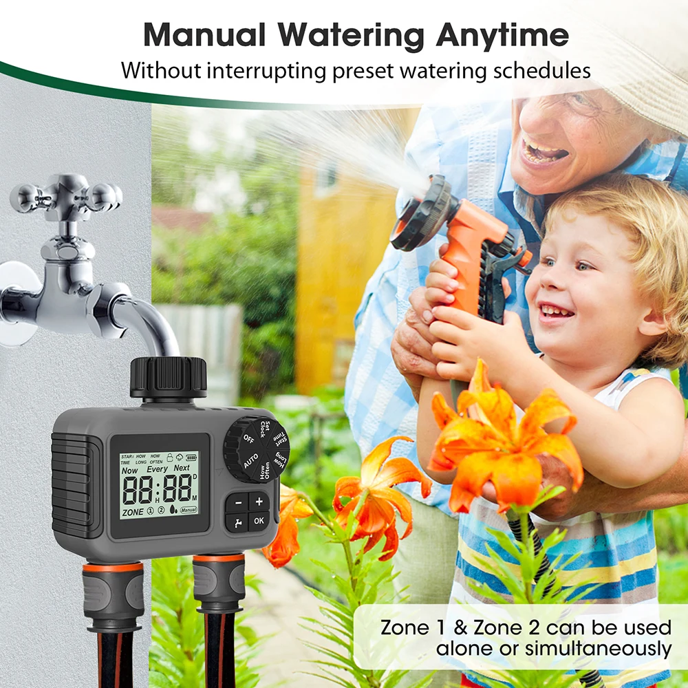 Mini Digital Irrigation Timer Automatic 2-way Timer 3/4 Inch Thread Sprinkler Timer IPX5 Water Timer for Garden Greenhouse
