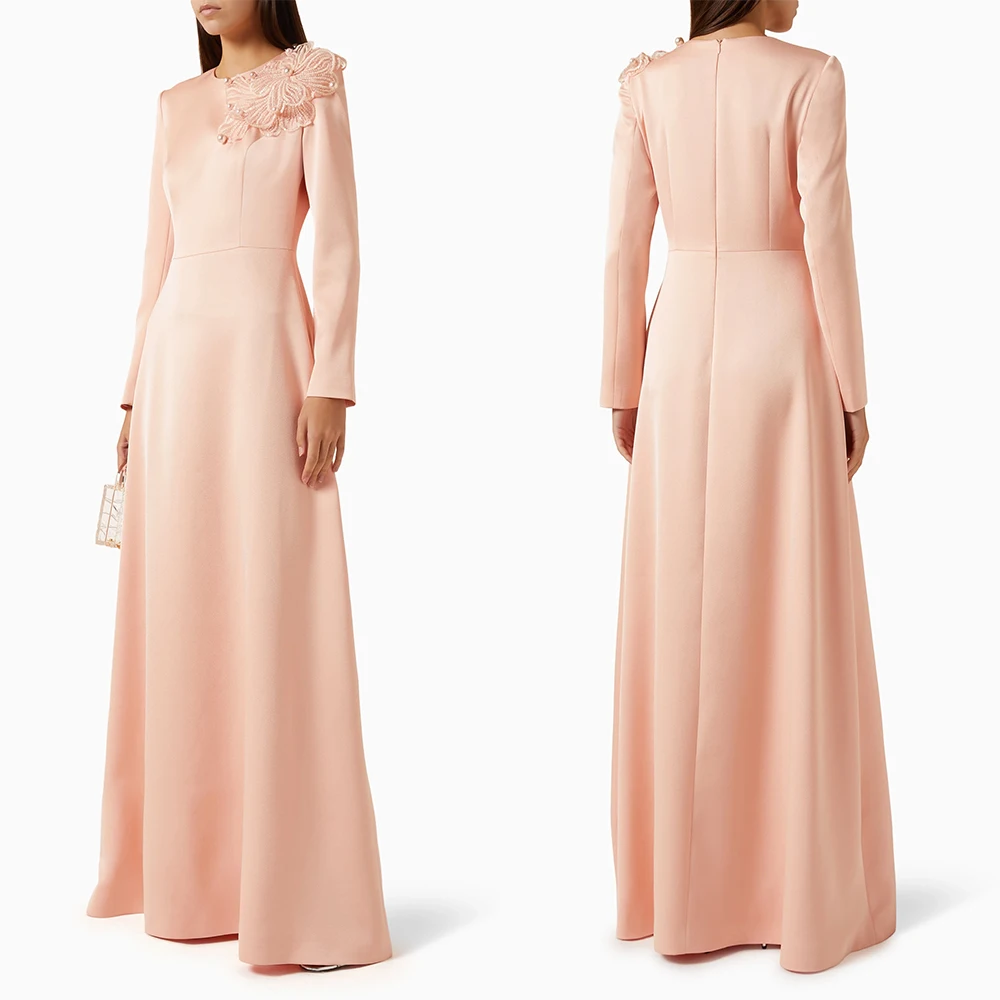 Customized O-neck Flowers Full Sleeves Pink Floor Length Платье Корейский Стиль Vestidos Elegantes Para Mujer Para Una Boda 원피스